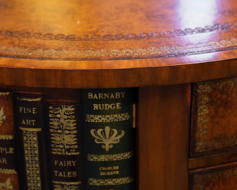 Maitlin Smith Round Mahogany Table w/faux Finish Book Drawers. Leather Top.