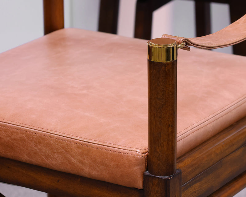 Pair of Frontgate Borneo Counter Stools in Brown Leather, Wood and Brass