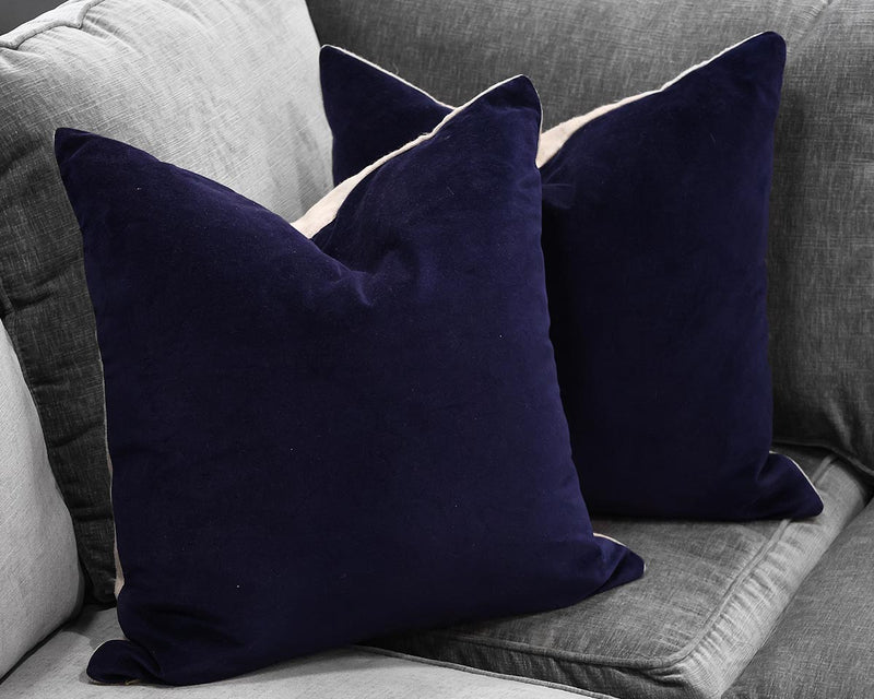 Pair of Navy Velvet and Beige Linen Accent Pillows