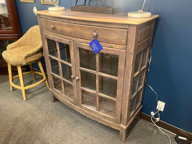 Distressed Grey Glass Door Cabinet