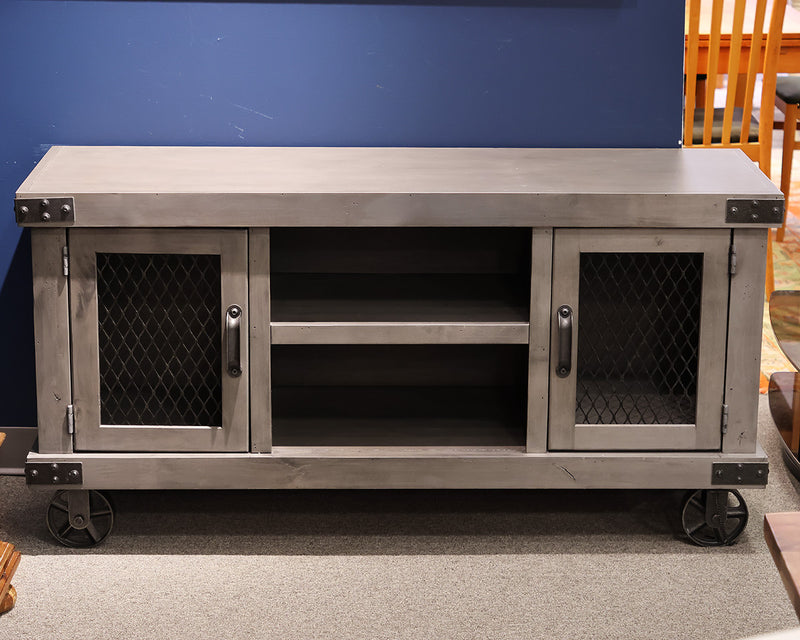 Technology Console  Washed Grey w/2 Lattice Patterned Doors/2 Shelves. On Wheels