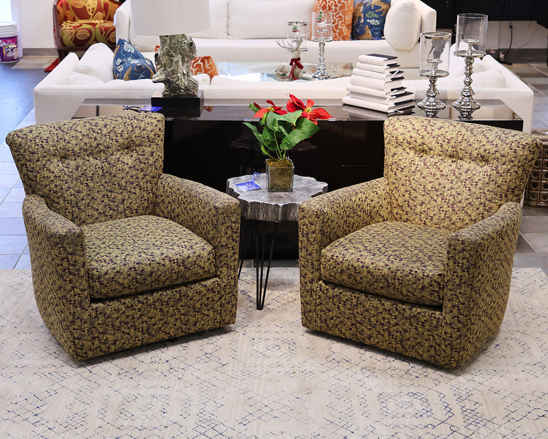 Pair of Precedent Furniture Swivel Chairs in Gold, Green and Mauve Fabric