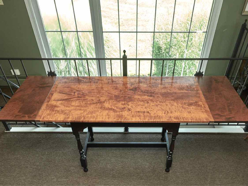 Tiger Maple Top Black Turned Legs 2 14" Leaves Dining Table