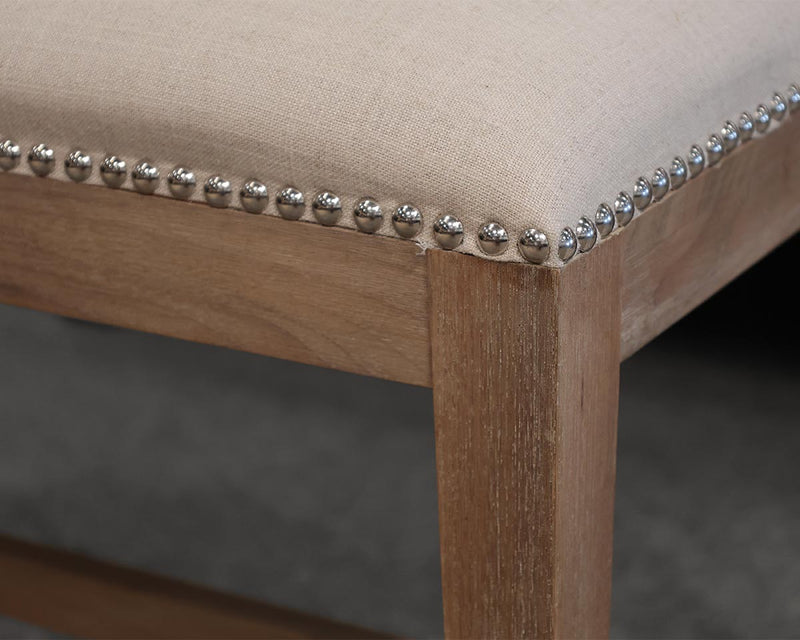 Small Linen Upholstered Bench on Drifted Wood Frame with Silver Nailheads