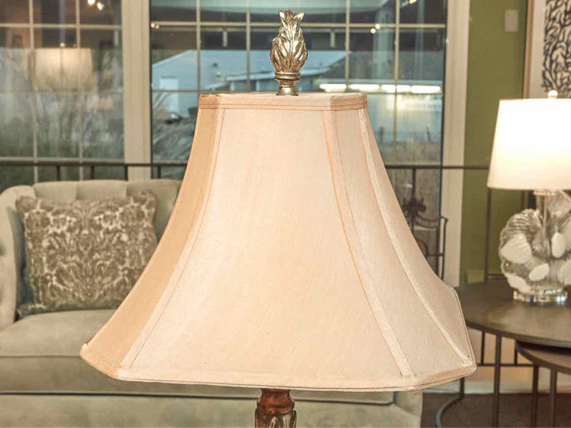 Pair Of Silver & Bronze Finish Beige Silk Shades Table Lamps