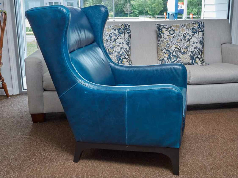 Pair Of 'Peacock Blue' Leather Wing Back Chairs