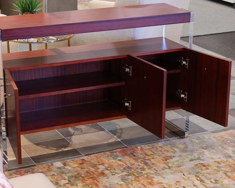 Mitchell Gold + Bob Williams Mahogany Storage Console.  Glass and Chrome Accents