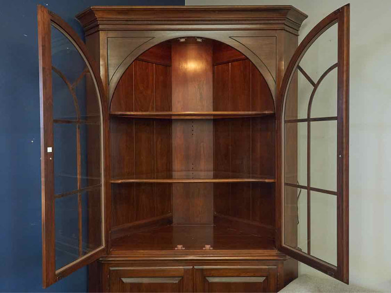 Mahogany Stain Corner Cabinet with Arch Pane Doors & Wood Doors