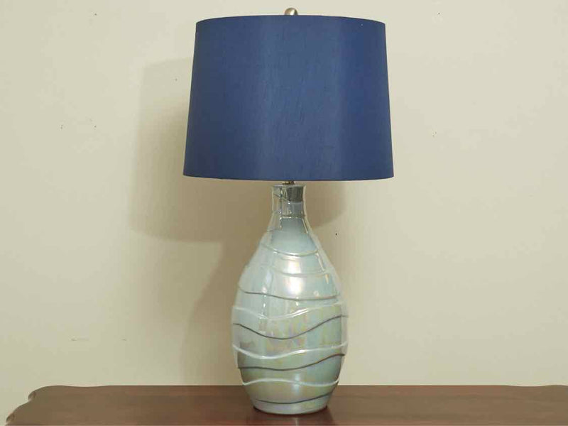 Norman Wyatt Home Crest Pearlescent Blue Ceramic Navy Drum Shade Table Lamp