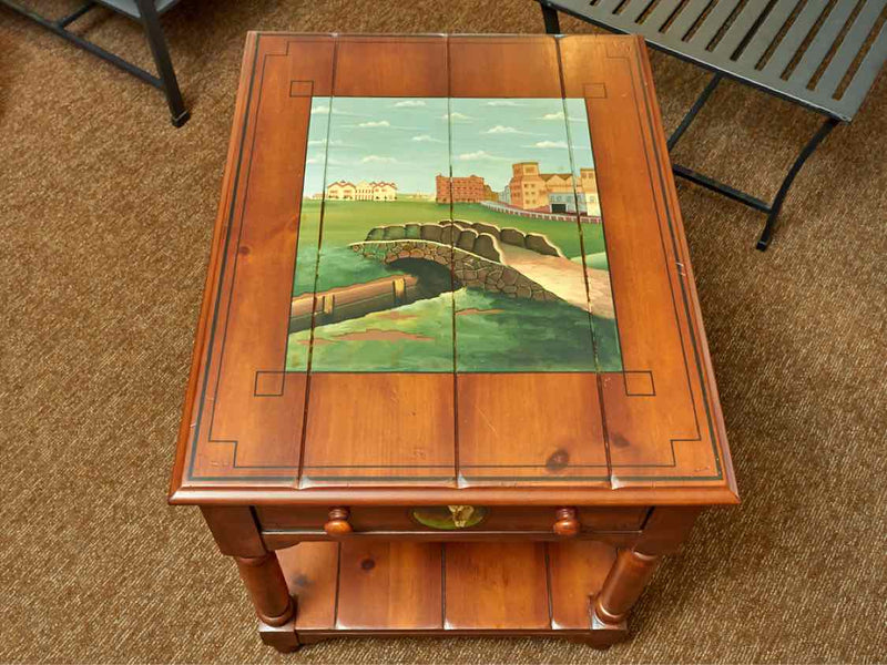 Stained Fir 1 Drawer & Shelf  Hand Painted St Andrew's Golf Motif  Side Table