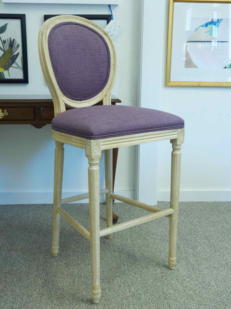 Pair of White Washed Bar Stools with Purple Upholstery