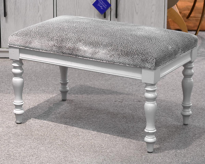 Snow Leopard Upholstered Bench with Dove Gray Finish Legs