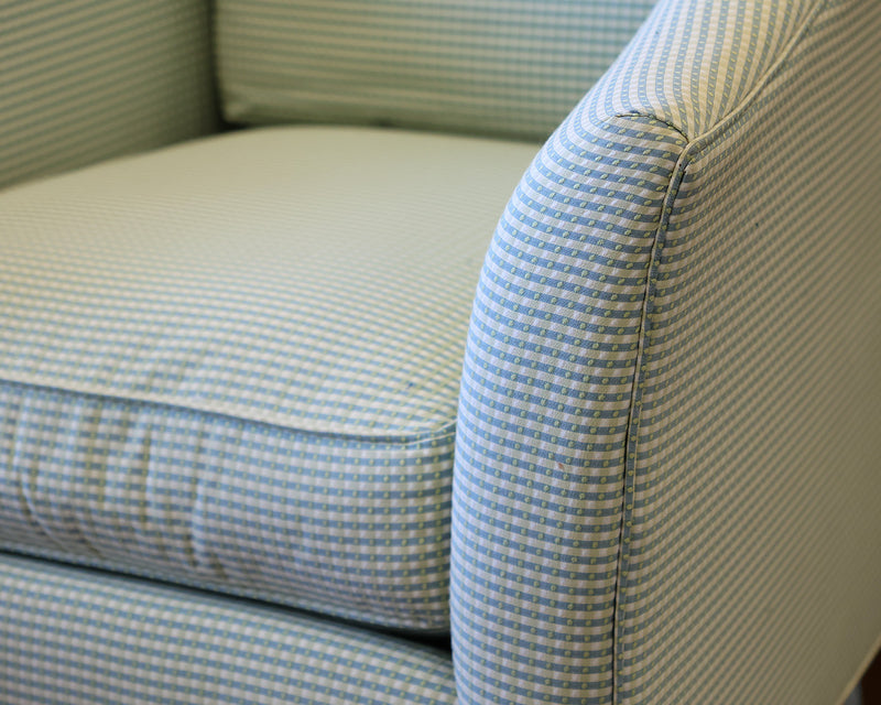 Ethan Allen Gibson Club Chair in French Blue & Green Check on Maple Legs