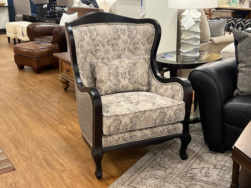 Arhaus French Wing Chair  with Contrasting Upholstery with Mahogany Trim