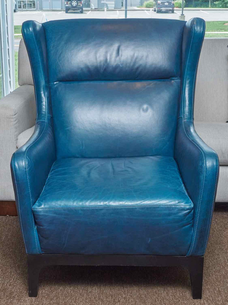 Pair Of 'Peacock Blue' Leather Wing Back Chairs