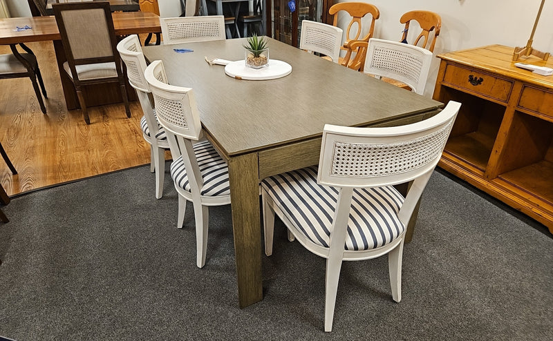 Set of 6 Blue and White Dining Chairs w/ Caned Backs