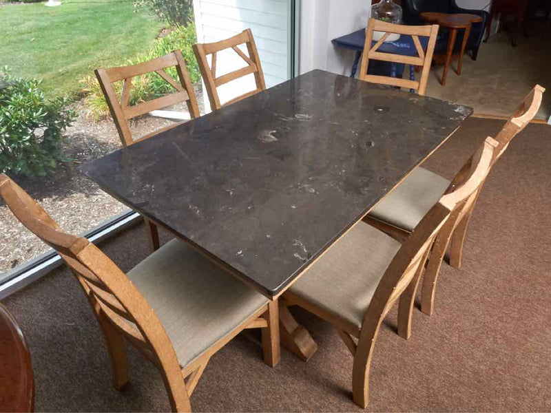 Beachwood Trestle Table Black Quartz Top  & 6   Chair Set