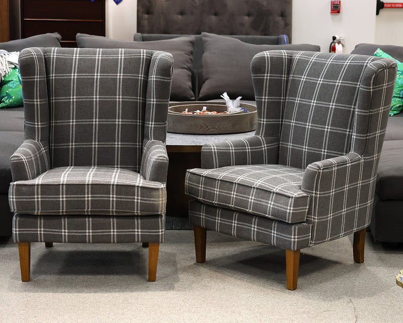 Pair of Jofran Grey Plaid Upholstered Wing Back  Chairs