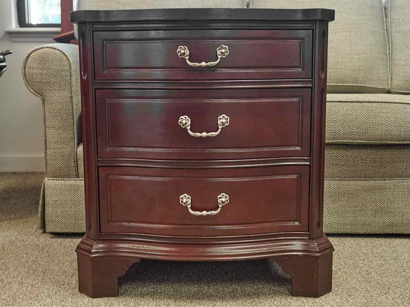 Pair of Mahogany Serpentine 3 Drawer Nightstands with Ornate Handles