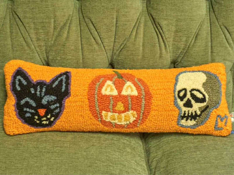 Black Cat, Jack O' Lantern & Skull Wool Hooked Accent Pillow