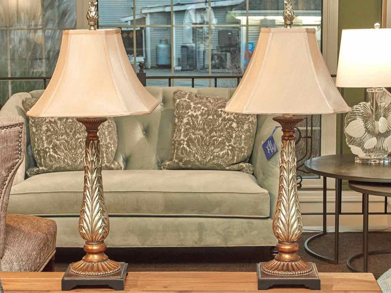 Pair Of Silver & Bronze Finish Beige Silk Shades Table Lamps