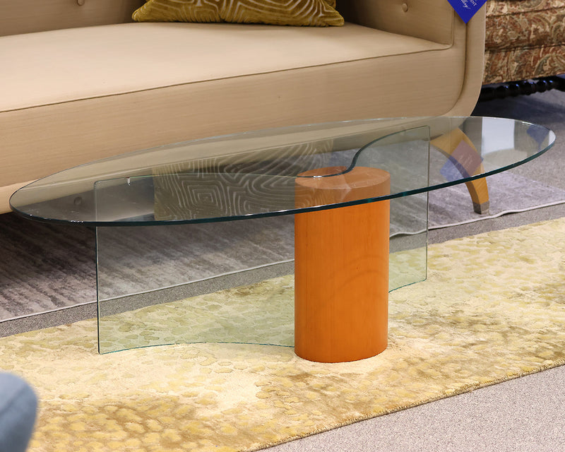 Cocktail Tables Oval glass coffee table with glass and teak bottom base