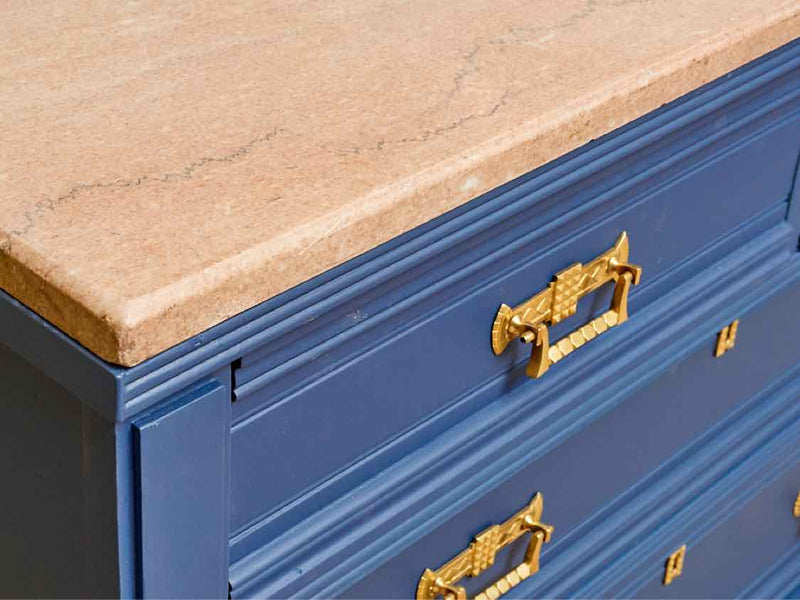 Pink Granite Top 'Delphinium Blue' 4 Drawer Solid Brass Handles Chest