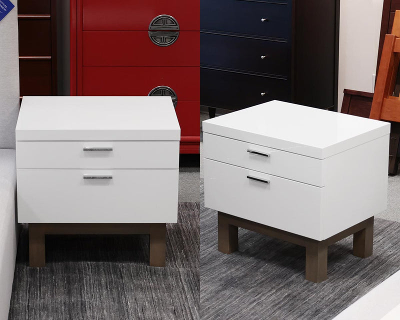 Pair of Custom 2-Drawer Nightstands in White Lacquer on Grey Base