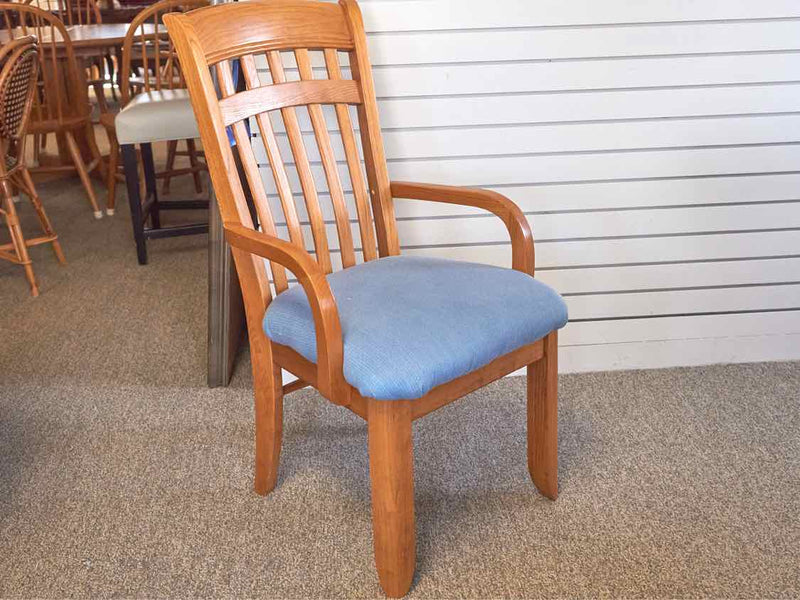 Set of Oak Dining Chairs with Sky Blue Upholstered Seat Cushions