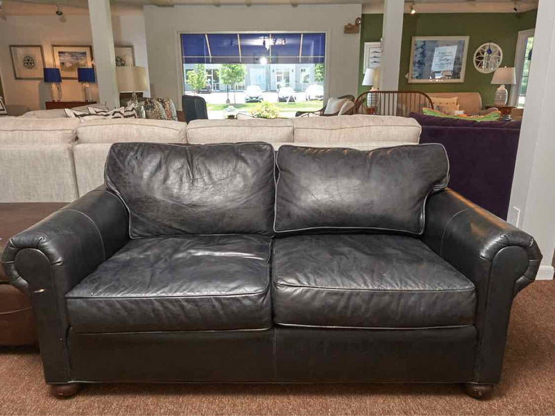 RH Black Leather 2 Cushion Sofa with Rolled Sock Arms