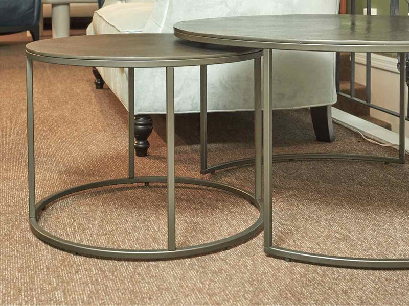 Pair Of Crate & Barrel 'Duke' Round  Bronze  Nesting Cocktail Tables