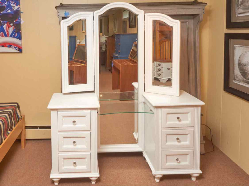 White Finish Trifold Mirror 6 Drawers Vanity