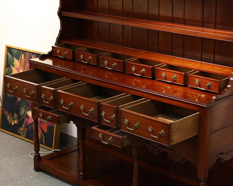 English Vintage Step Back Hutch in Mahogany with Pierced Apron and Lower Shelf