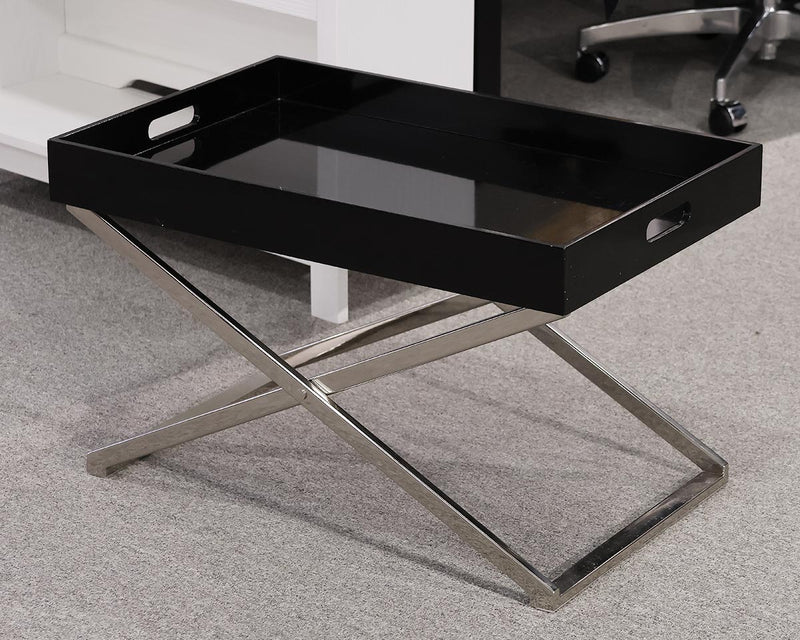 West Elm Black Lacquered Tray Top Cocktail Table with Chrome Base