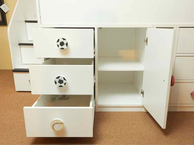 White Finish 9 Drawer 2 Door Sport Motif  Knobs Full  Storage Bed with Stairs