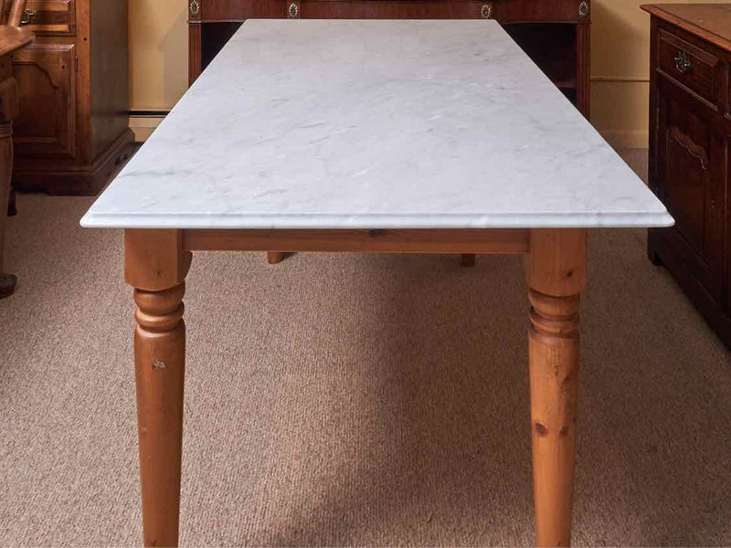 Crate & Barrel White  Marble Top Dining Table With 2 Drawers  Pine Turned Legs