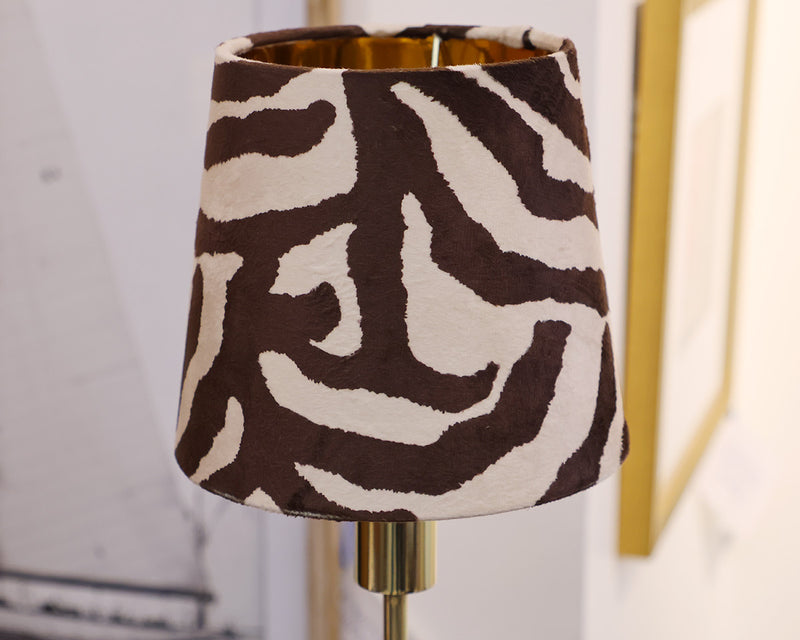 Pair of Brass Floor Lamps with Gold-Lined Animal Print Velvet Shades