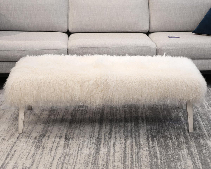 Mongolian Lamb Shag Bench on Off-White Distressed Legs