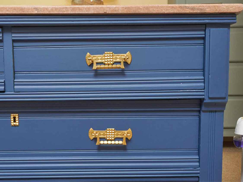 Pink Granite Top 'Delphinium Blue' 4 Drawer Solid Brass Handles Chest