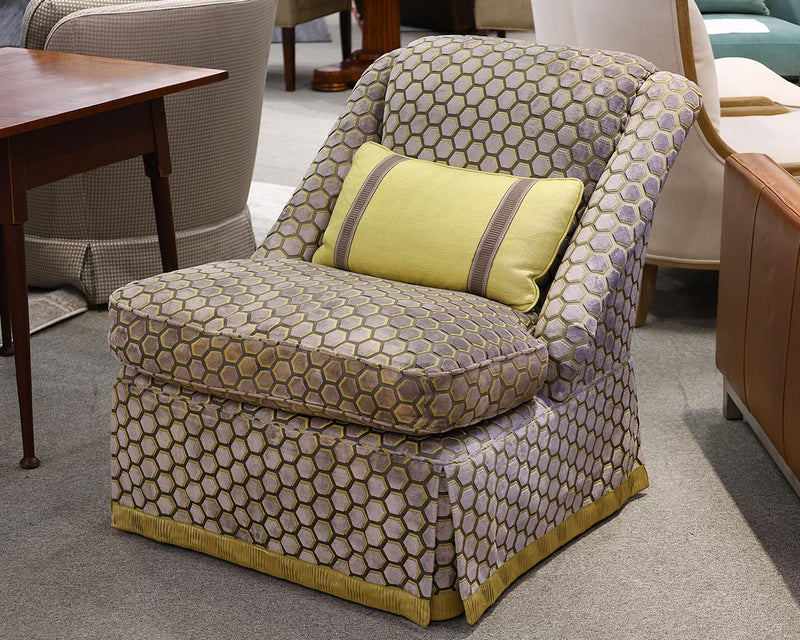 Custom Skirted Slipper Chair in Grey and Yellow Honeycomb Velvet