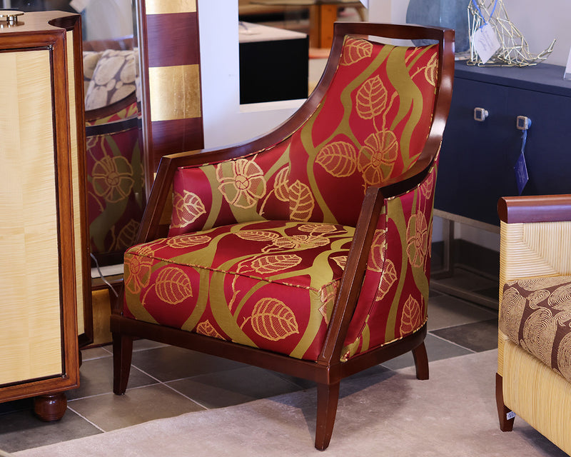 accent chair. Burgundy, sage and gold floral fabric. Walnut wood frame with tape