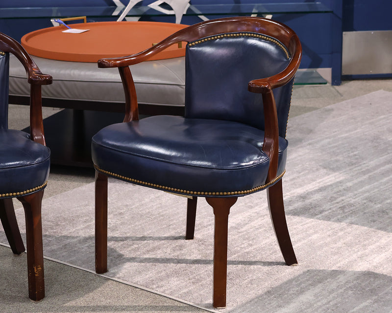 Pair of Cabot Wren Blue Leather Arm Office Chairs with Nailhead Trim