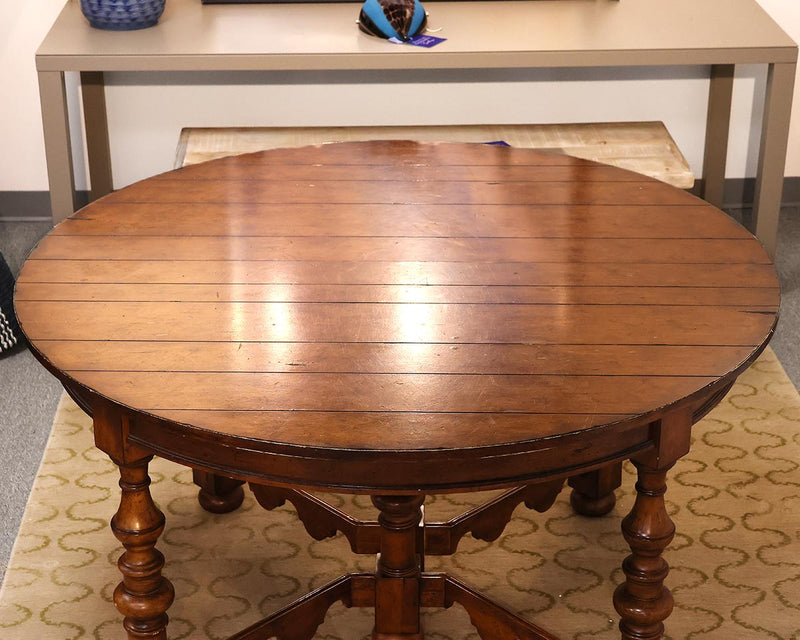 Pierre Deux Round Plank Top  Dining Table with Turned Legs & Trestle Base