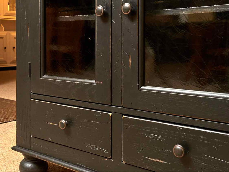 Distressed Black Finish 4 Drawer 2 Glass Front Door  Cabinet