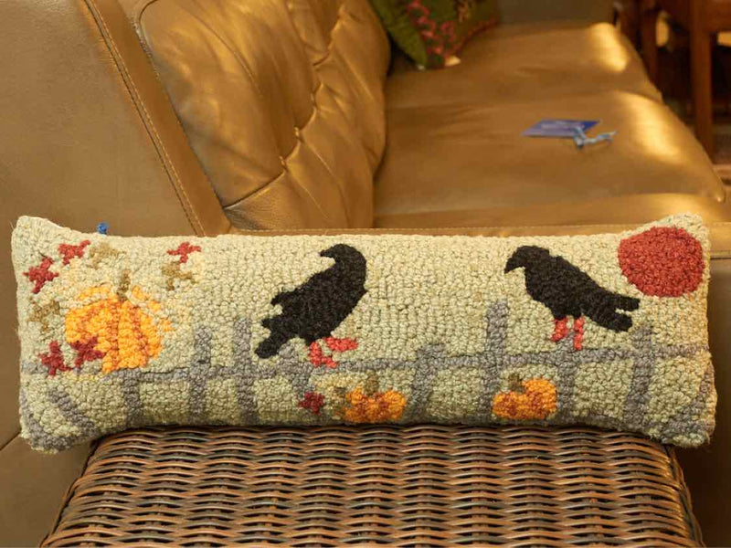 'Harvest Moon' Pair Of Crows Perched on Fence Wool  Hooked Accent Pillow