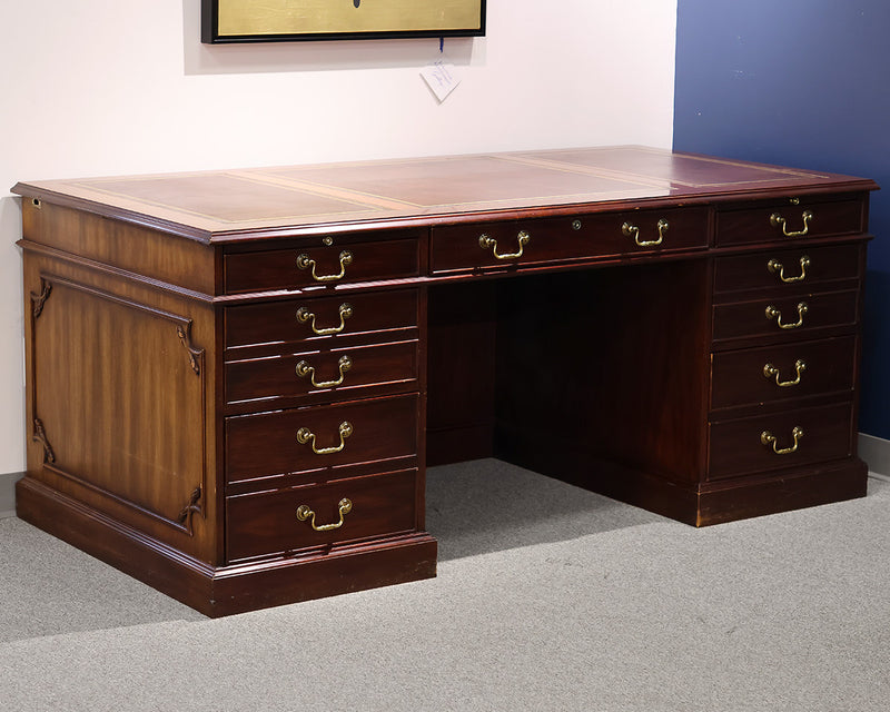 Henkel Harris Mahogany Executive Desk w/Burgundy Leather Inlay, 7 Drawer