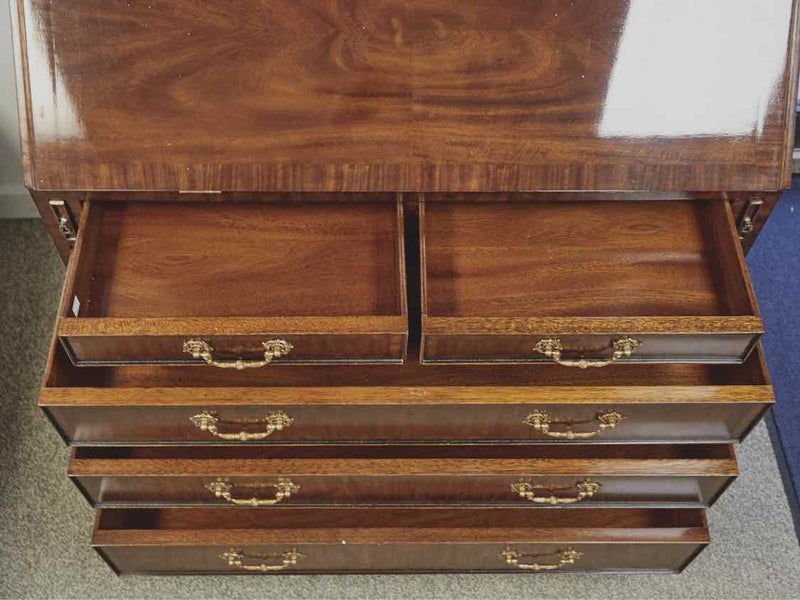 Inlaid Mahogany Carved Secretary Desk with Brass Pulls