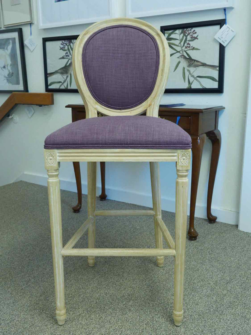 Pair of White Washed Bar Stools with Purple Upholstery