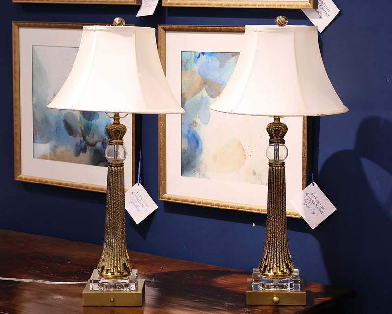 Pair of Chapman Tassel Table Lamps in Brass with Lucite Base & Seeded Glass