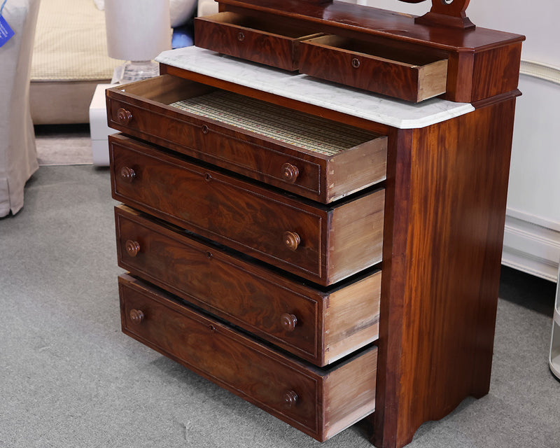 Antique Walnut Dresser with Glove Box, Mirror and White Marble Top